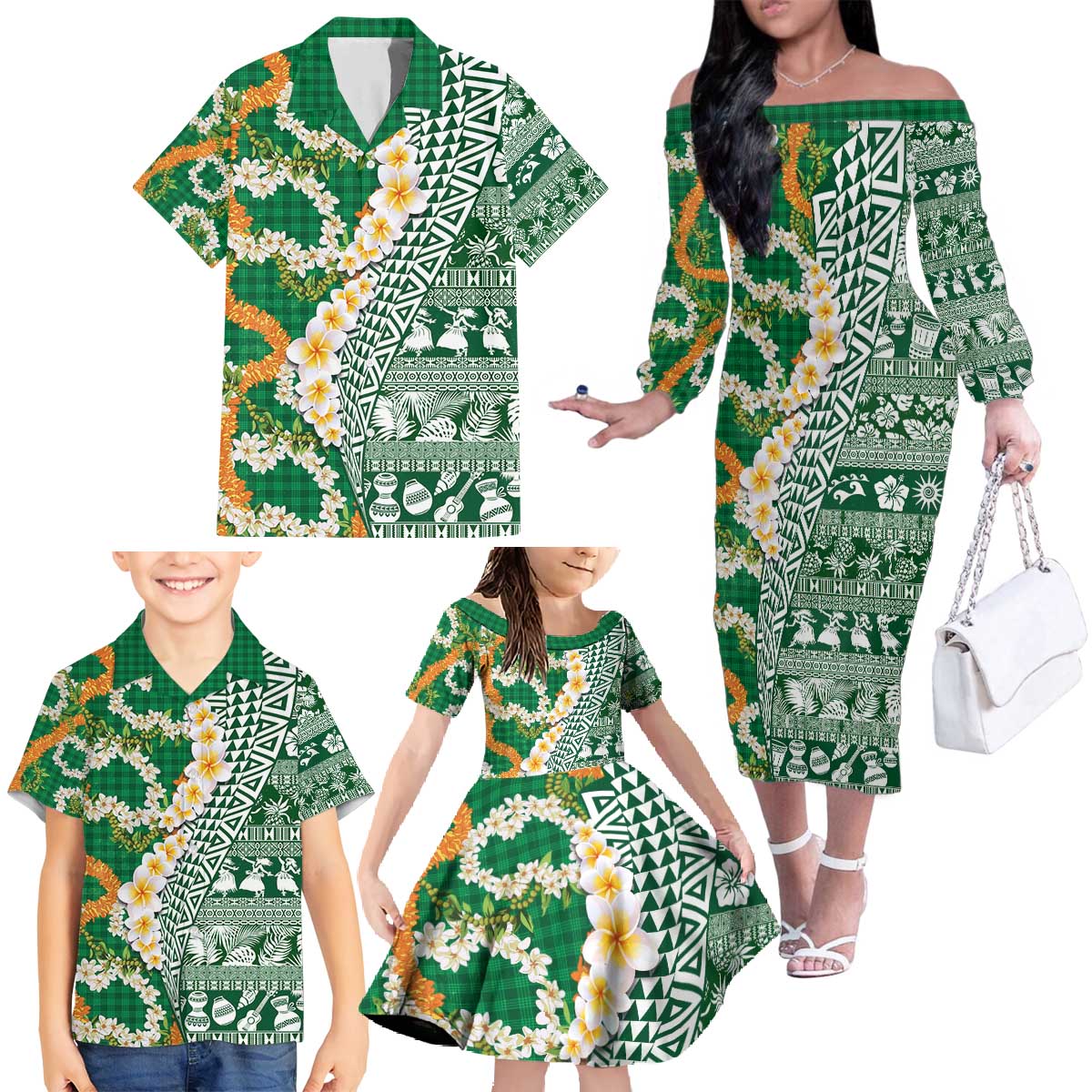 Hawaiian Plumeria Lei Family Matching Off The Shoulder Long Sleeve Dress and Hawaiian Shirt Kakau Motifs and Palaka Half Style Green Color - Polynesian Pride