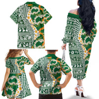 Hawaiian Plumeria Lei Family Matching Off The Shoulder Long Sleeve Dress and Hawaiian Shirt Kakau Motifs and Palaka Half Style Green Color - Polynesian Pride