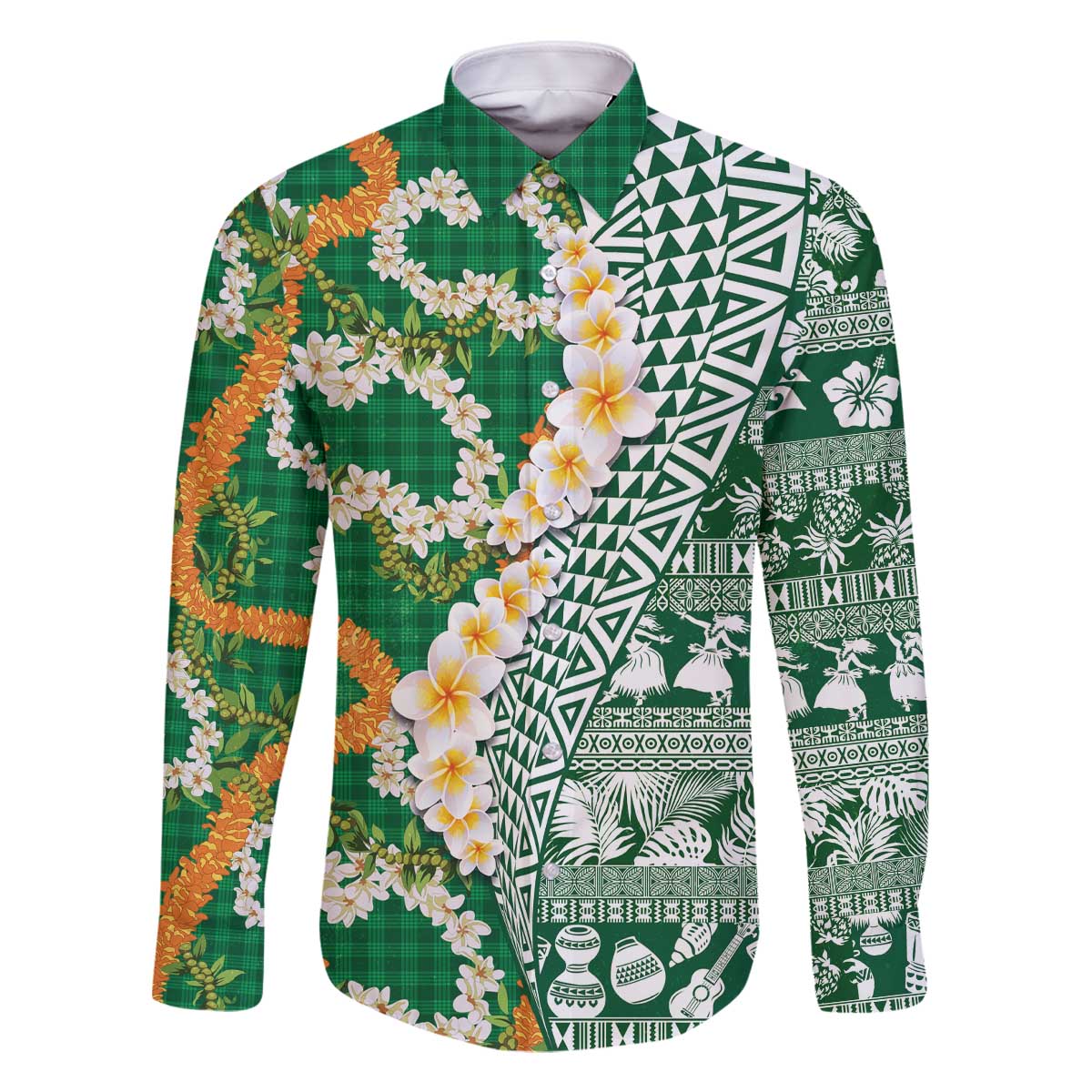 Hawaiian Plumeria Lei Family Matching Off The Shoulder Long Sleeve Dress and Hawaiian Shirt Kakau Motifs and Palaka Half Style Green Color - Polynesian Pride
