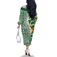 Hawaiian Plumeria Lei Family Matching Off The Shoulder Long Sleeve Dress and Hawaiian Shirt Kakau Motifs and Palaka Half Style Green Color - Polynesian Pride