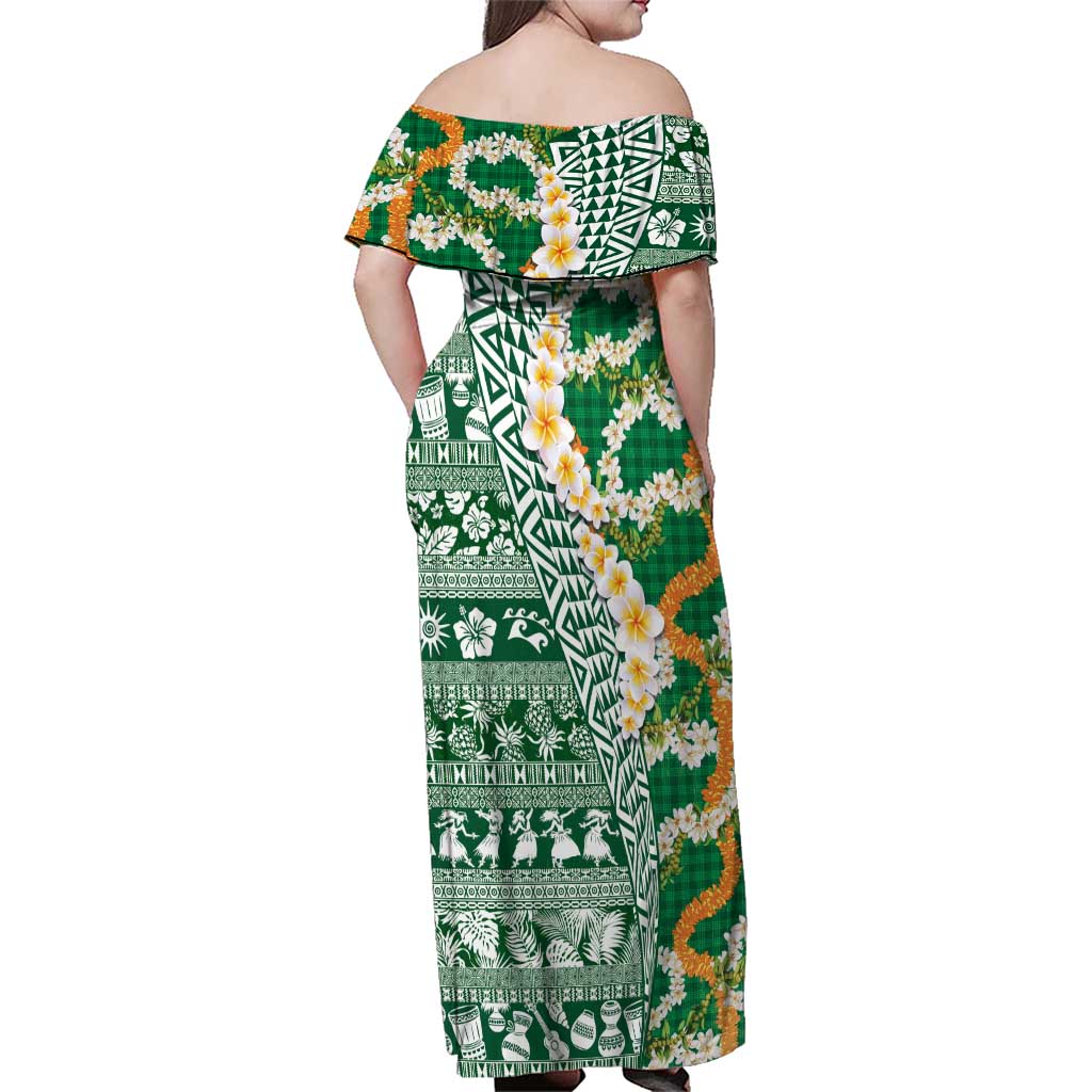 Hawaiian Plumeria Lei Family Matching Off Shoulder Maxi Dress and Hawaiian Shirt Kakau Motifs and Palaka Half Style Green Color - Polynesian Pride