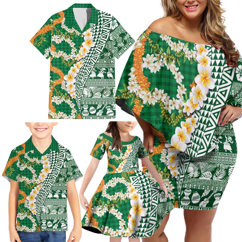 Hawaiian Plumeria Lei Family Matching Off Shoulder Short Dress and Hawaiian Shirt Kakau Motifs and Palaka Half Style Green Color LT03 - Polynesian Pride