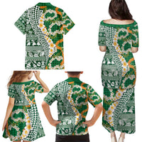 Hawaiian Plumeria Lei Family Matching Puletasi and Hawaiian Shirt Kakau Motifs and Palaka Half Style Green Color - Polynesian Pride