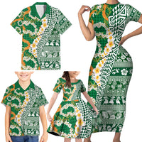 Hawaiian Plumeria Lei Family Matching Short Sleeve Bodycon Dress and Hawaiian Shirt Kakau Motifs and Palaka Half Style Green Color - Polynesian Pride