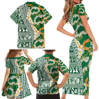 Hawaiian Plumeria Lei Family Matching Short Sleeve Bodycon Dress and Hawaiian Shirt Kakau Motifs and Palaka Half Style Green Color - Polynesian Pride