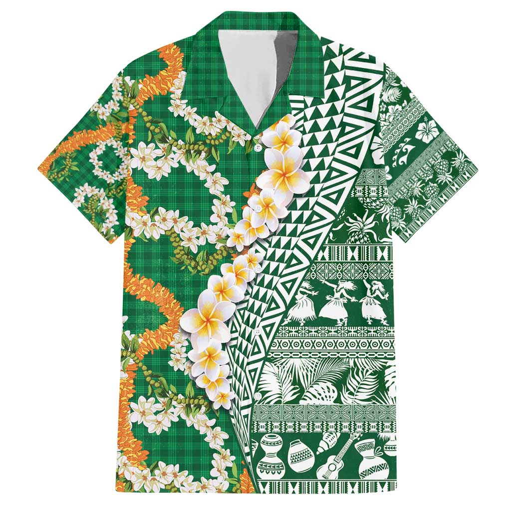 Hawaiian Plumeria Lei Family Matching Short Sleeve Bodycon Dress and Hawaiian Shirt Kakau Motifs and Palaka Half Style Green Color - Polynesian Pride