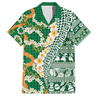 Hawaiian Plumeria Lei Family Matching Short Sleeve Bodycon Dress and Hawaiian Shirt Kakau Motifs and Palaka Half Style Green Color - Polynesian Pride