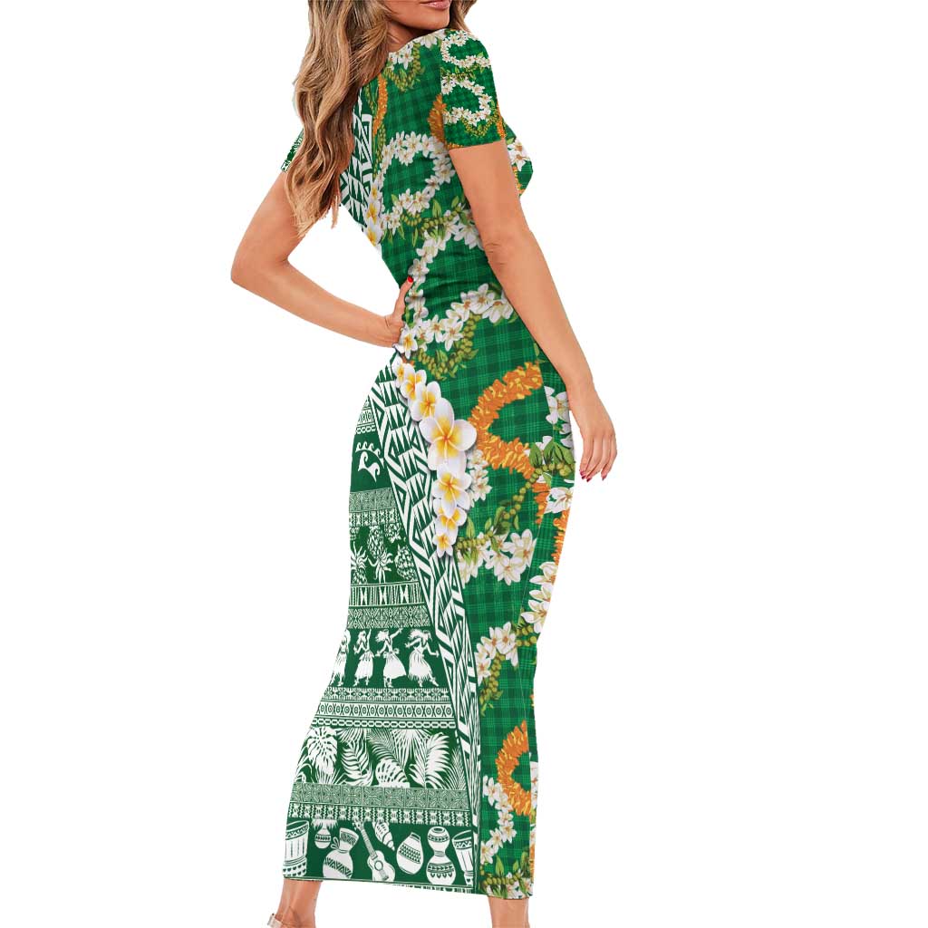 Hawaiian Plumeria Lei Family Matching Short Sleeve Bodycon Dress and Hawaiian Shirt Kakau Motifs and Palaka Half Style Green Color - Polynesian Pride