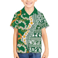 Hawaiian Plumeria Lei Family Matching Short Sleeve Bodycon Dress and Hawaiian Shirt Kakau Motifs and Palaka Half Style Green Color - Polynesian Pride
