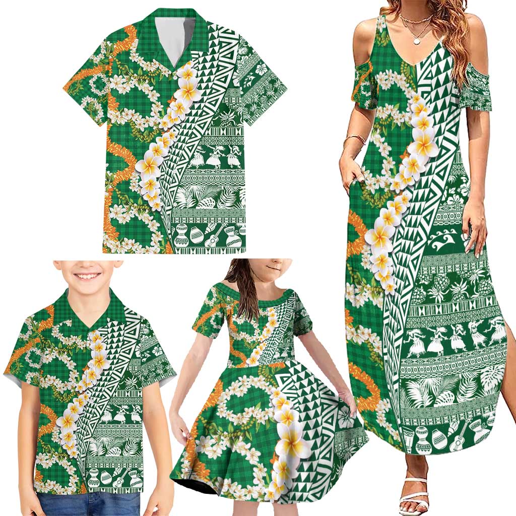 Hawaiian Plumeria Lei Family Matching Summer Maxi Dress and Hawaiian Shirt Kakau Motifs and Palaka Half Style Green Color - Polynesian Pride