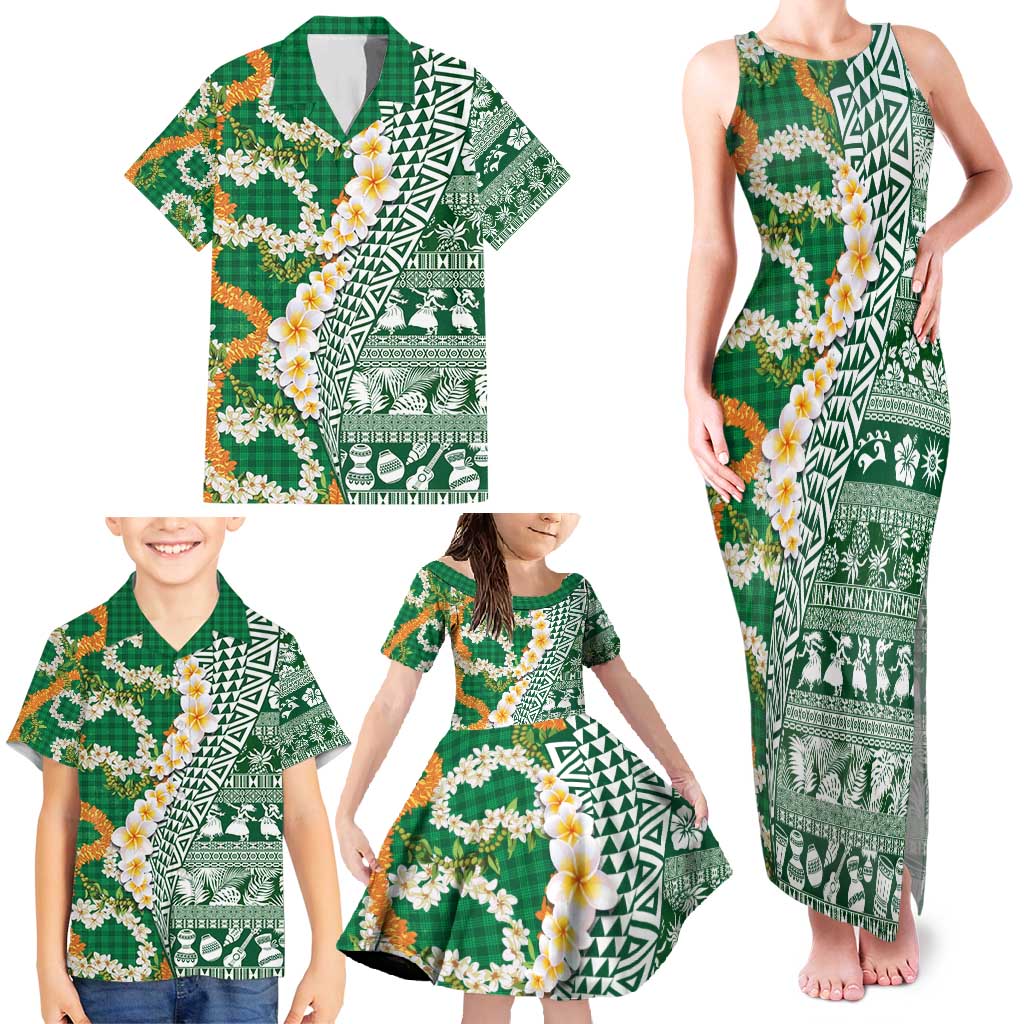 Hawaiian Plumeria Lei Family Matching Tank Maxi Dress and Hawaiian Shirt Kakau Motifs and Palaka Half Style Green Color - Polynesian Pride