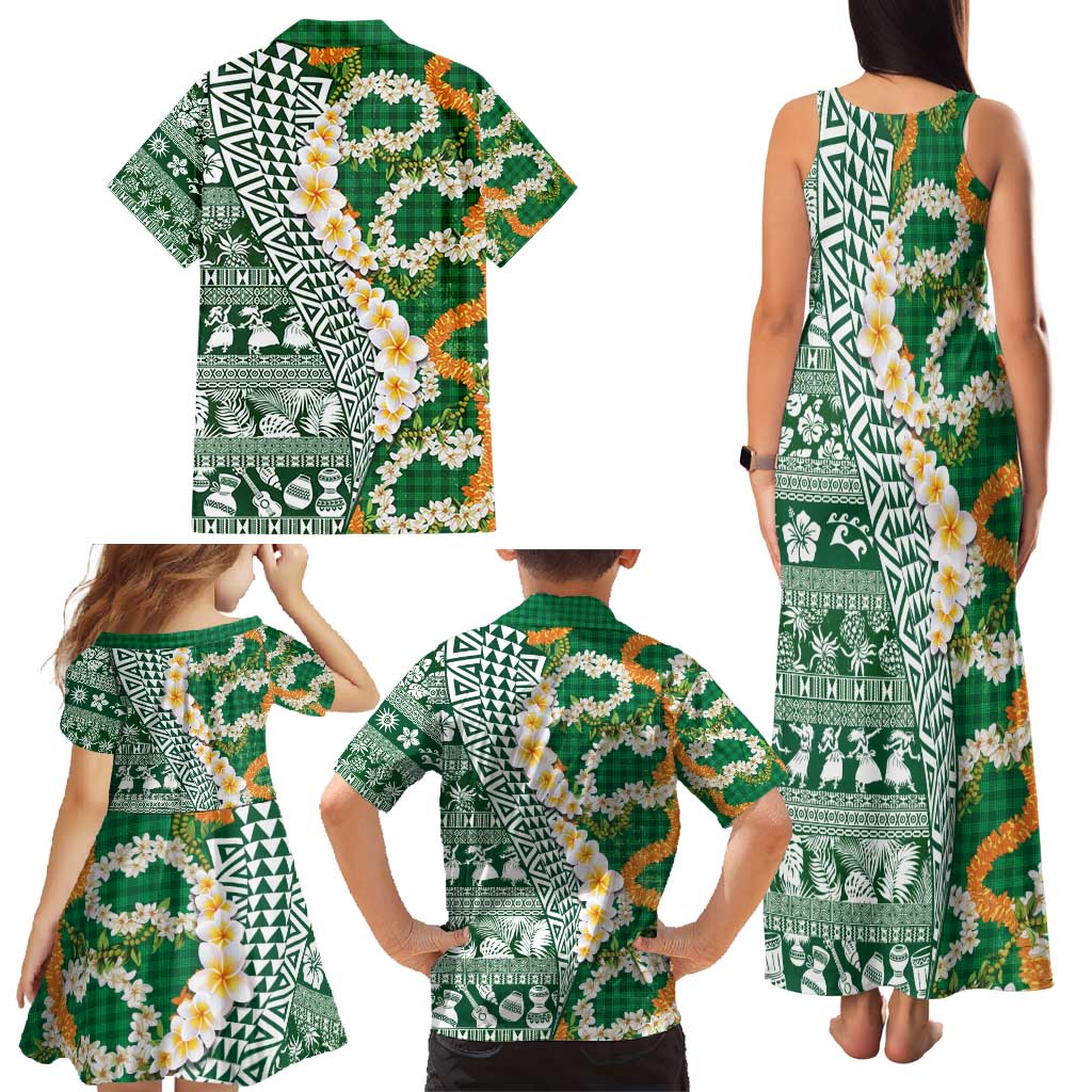 Hawaiian Plumeria Lei Family Matching Tank Maxi Dress and Hawaiian Shirt Kakau Motifs and Palaka Half Style Green Color - Polynesian Pride