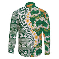 Hawaiian Plumeria Lei Family Matching Tank Maxi Dress and Hawaiian Shirt Kakau Motifs and Palaka Half Style Green Color - Polynesian Pride