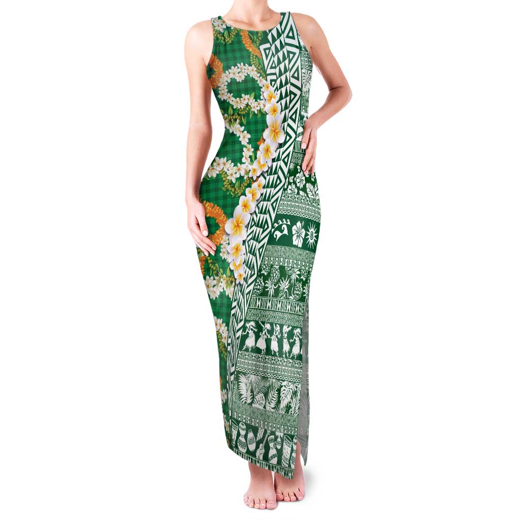 Hawaiian Plumeria Lei Family Matching Tank Maxi Dress and Hawaiian Shirt Kakau Motifs and Palaka Half Style Green Color - Polynesian Pride