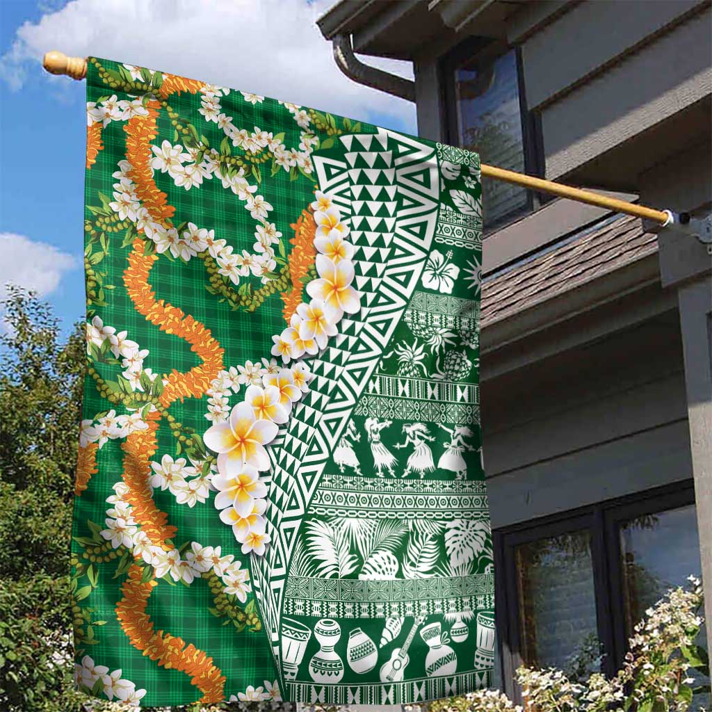 Hawaiian Plumeria Lei Garden Flag Kakau Motifs and Palaka Half Style Green Color - Polynesian Pride