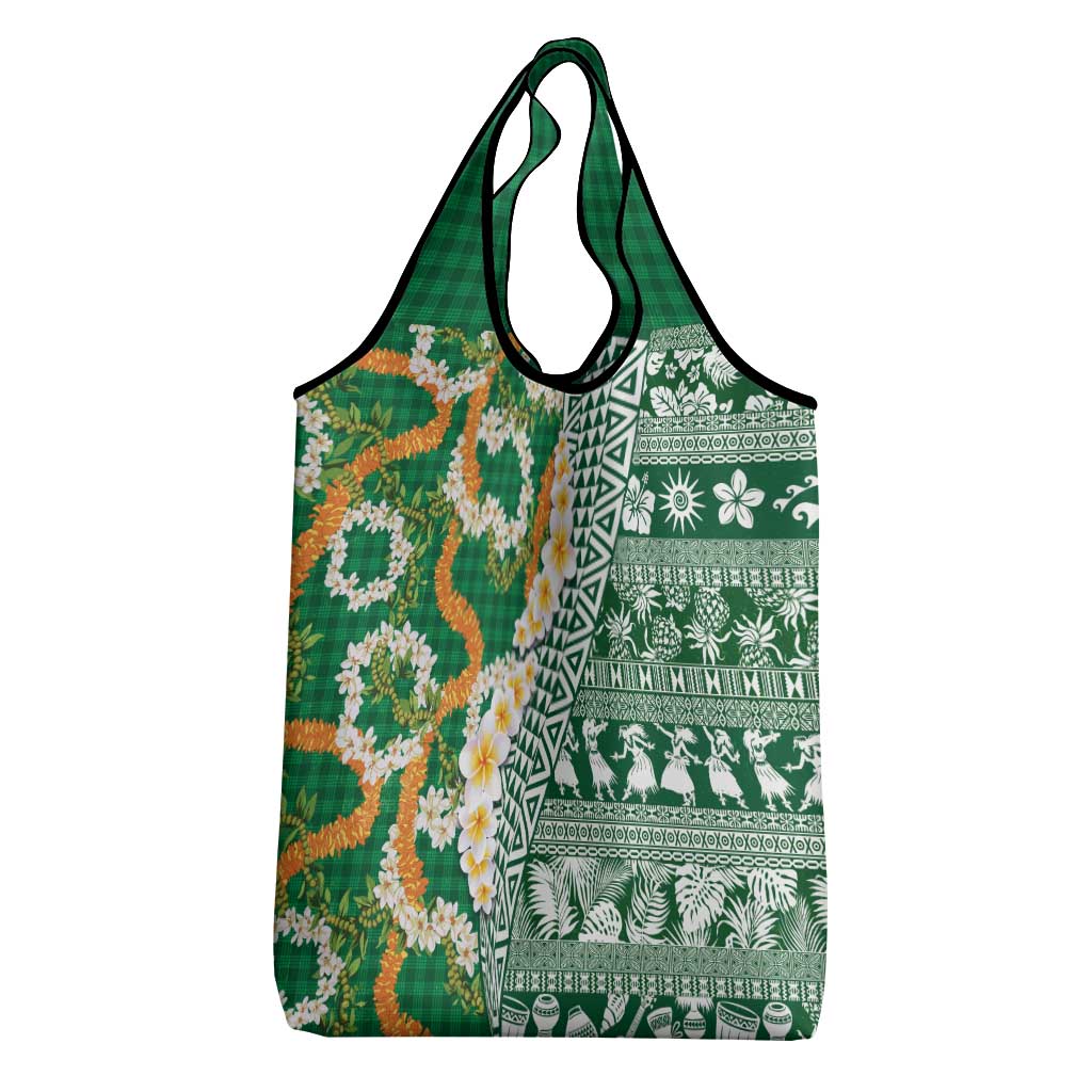 Hawaiian Plumeria Lei Grocery Bag Kakau Motifs and Palaka Half Style Green Color - Polynesian Pride