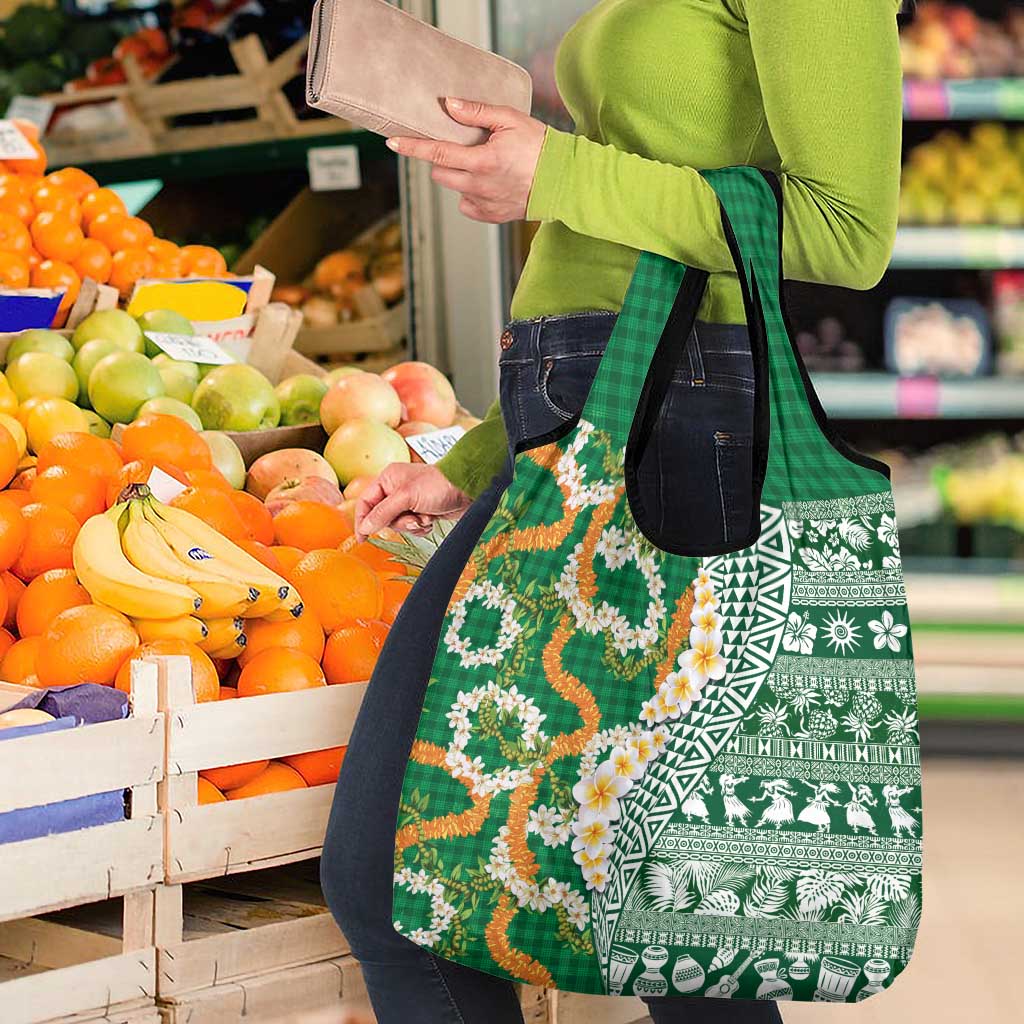 Hawaiian Plumeria Lei Grocery Bag Kakau Motifs and Palaka Half Style Green Color - Polynesian Pride