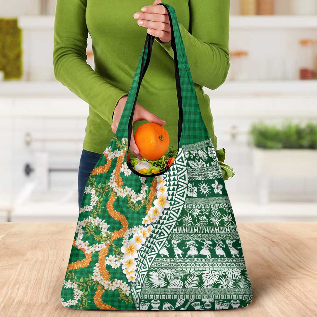 Hawaiian Plumeria Lei Grocery Bag Kakau Motifs and Palaka Half Style Green Color - Polynesian Pride