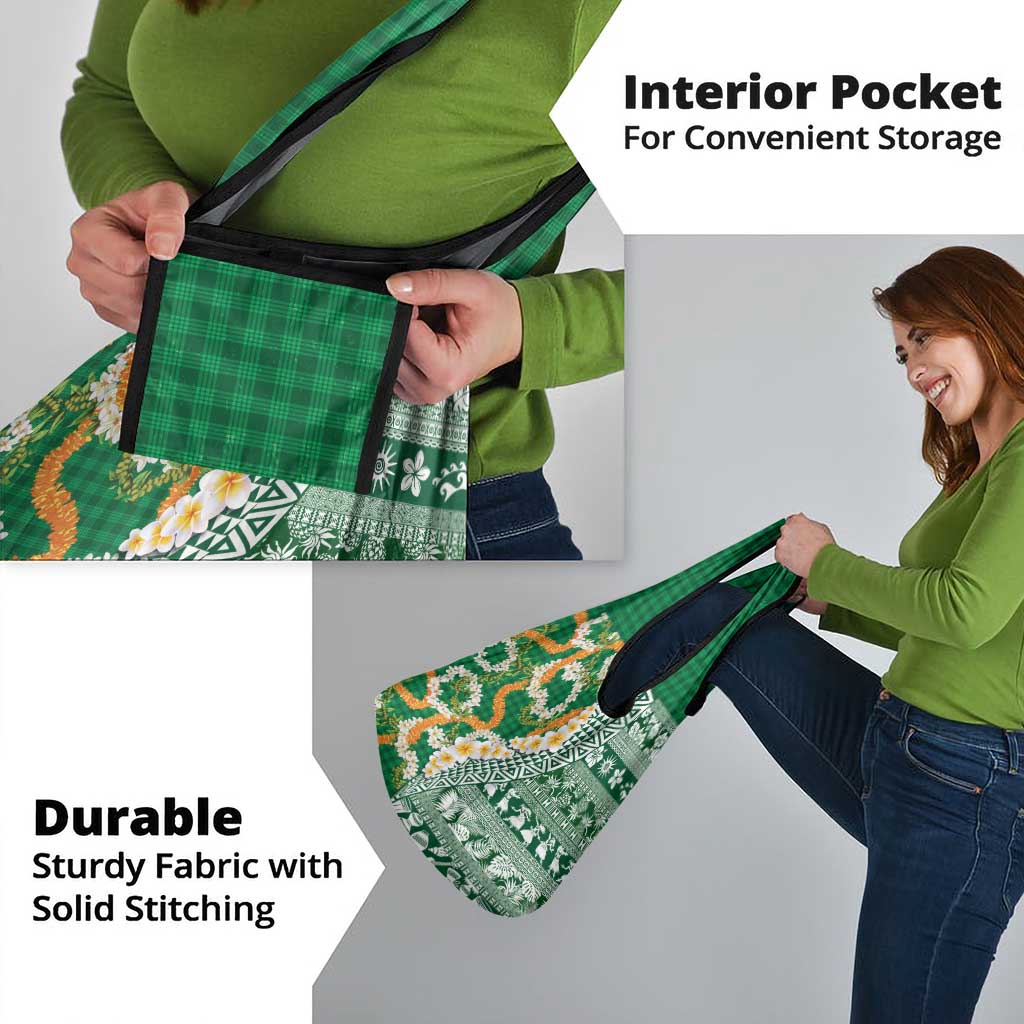 Hawaiian Plumeria Lei Grocery Bag Kakau Motifs and Palaka Half Style Green Color - Polynesian Pride