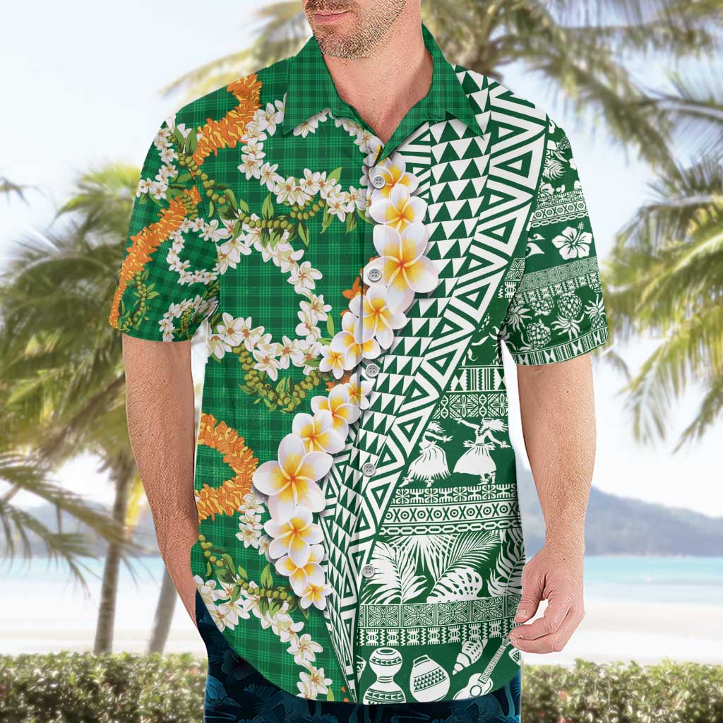 Hawaiian Plumeria Lei Hawaiian Shirt Kakau Motifs and Palaka Half Style Green Color - Polynesian Pride