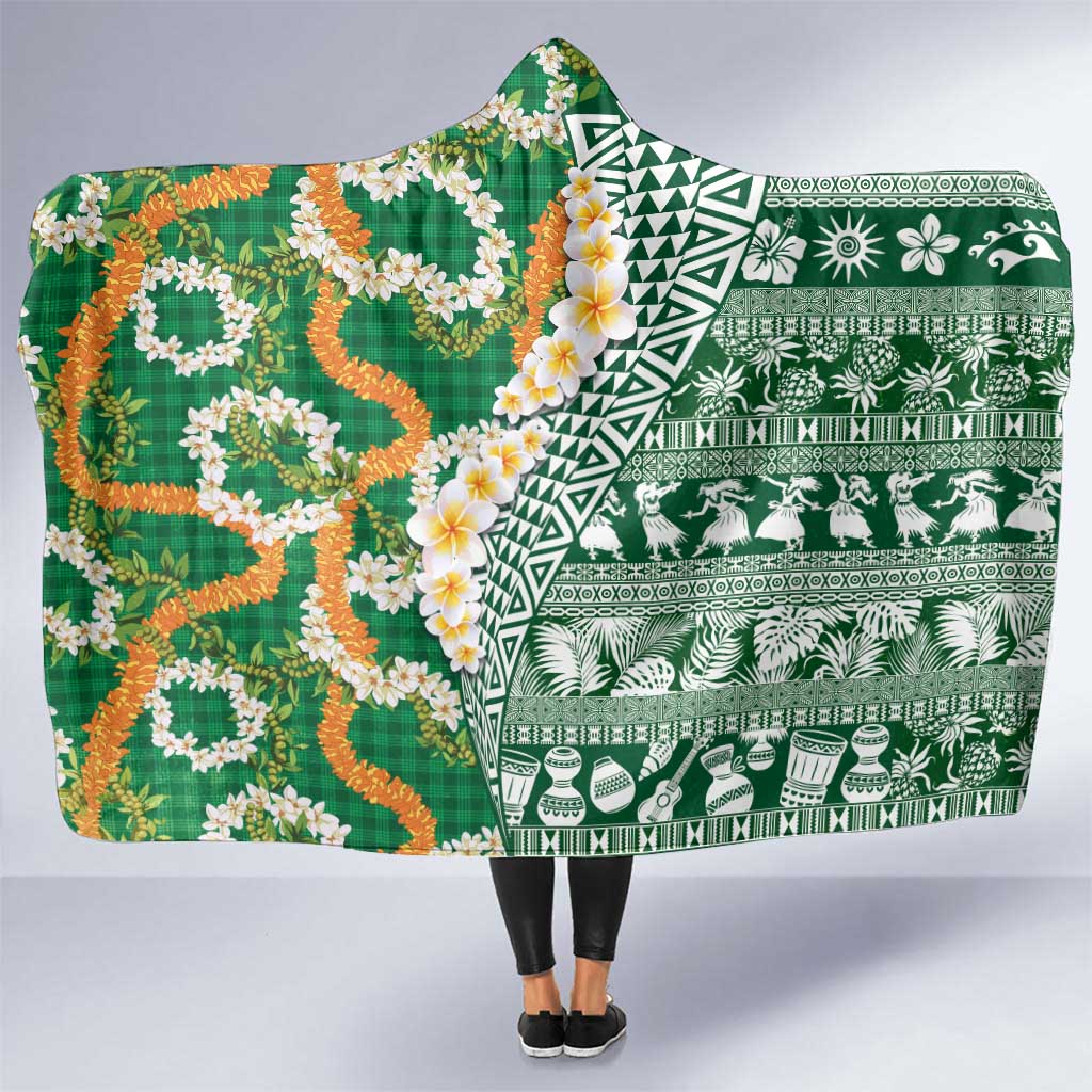 Hawaiian Plumeria Lei Hooded Blanket Kakau Motifs and Palaka Half Style Green Color - Polynesian Pride