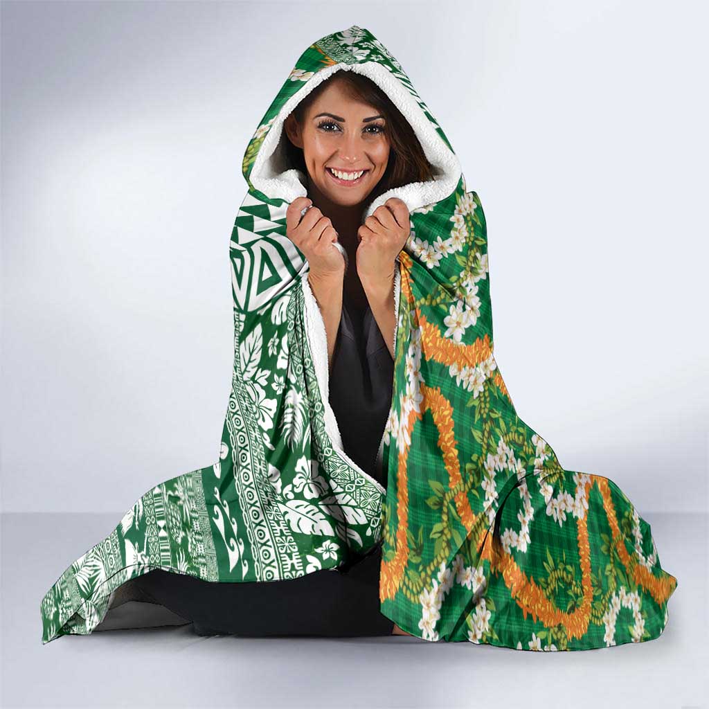 Hawaiian Plumeria Lei Hooded Blanket Kakau Motifs and Palaka Half Style Green Color - Polynesian Pride