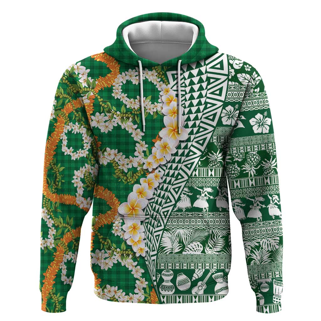 Hawaiian Plumeria Lei Hoodie Kakau Motifs and Palaka Half Style Green Color LT03 Pullover Hoodie Green - Polynesian Pride