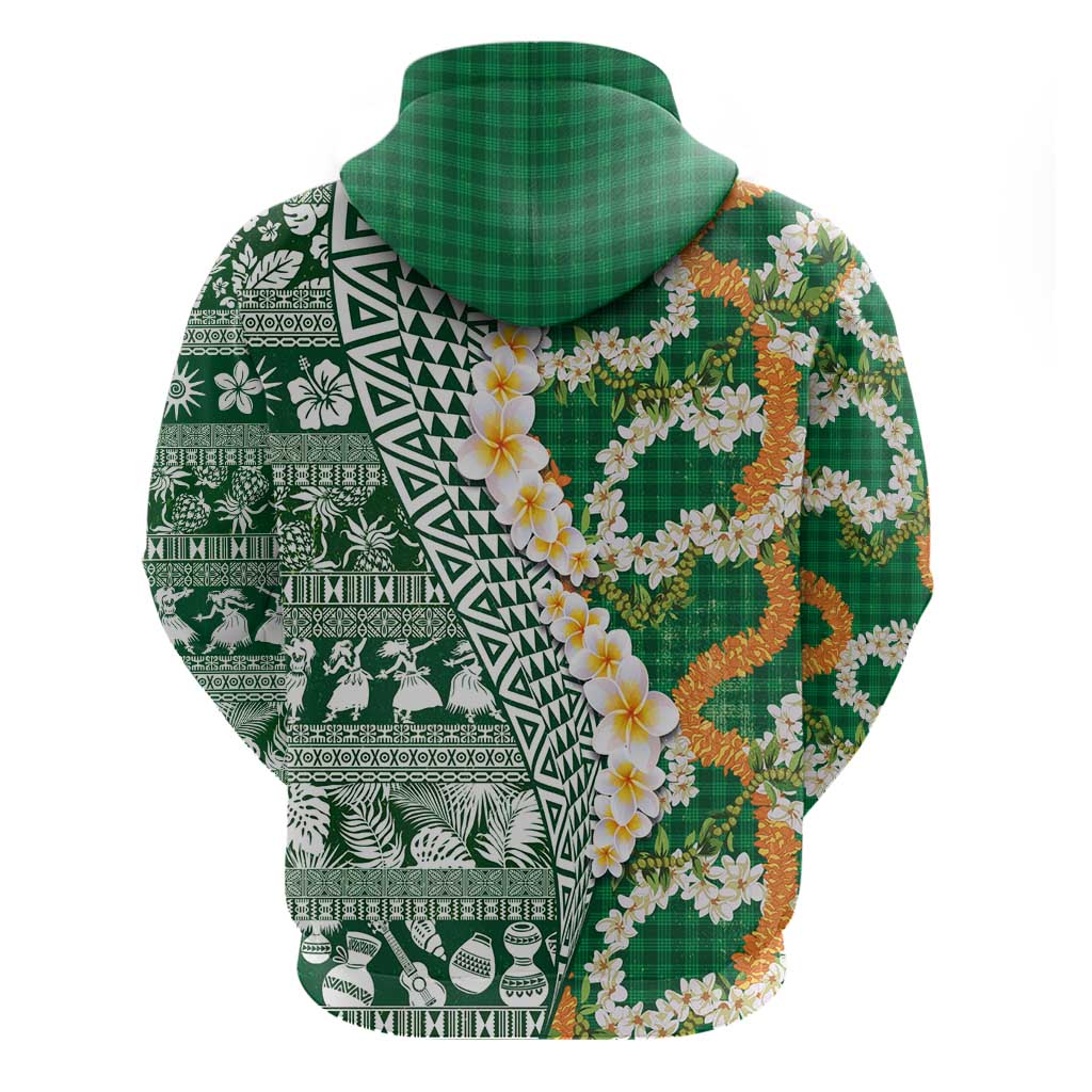 Hawaiian Plumeria Lei Hoodie Kakau Motifs and Palaka Half Style Green Color - Polynesian Pride