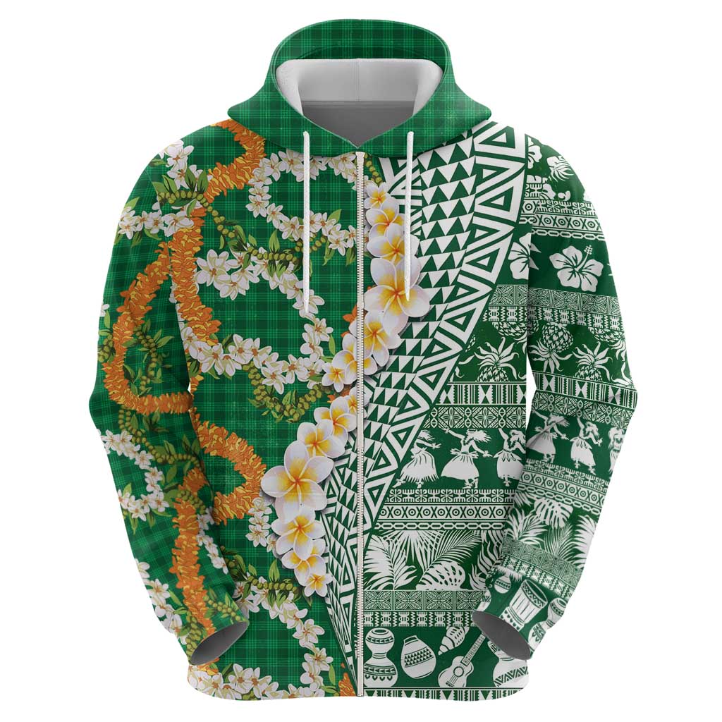 Hawaiian Plumeria Lei Hoodie Kakau Motifs and Palaka Half Style Green Color - Polynesian Pride
