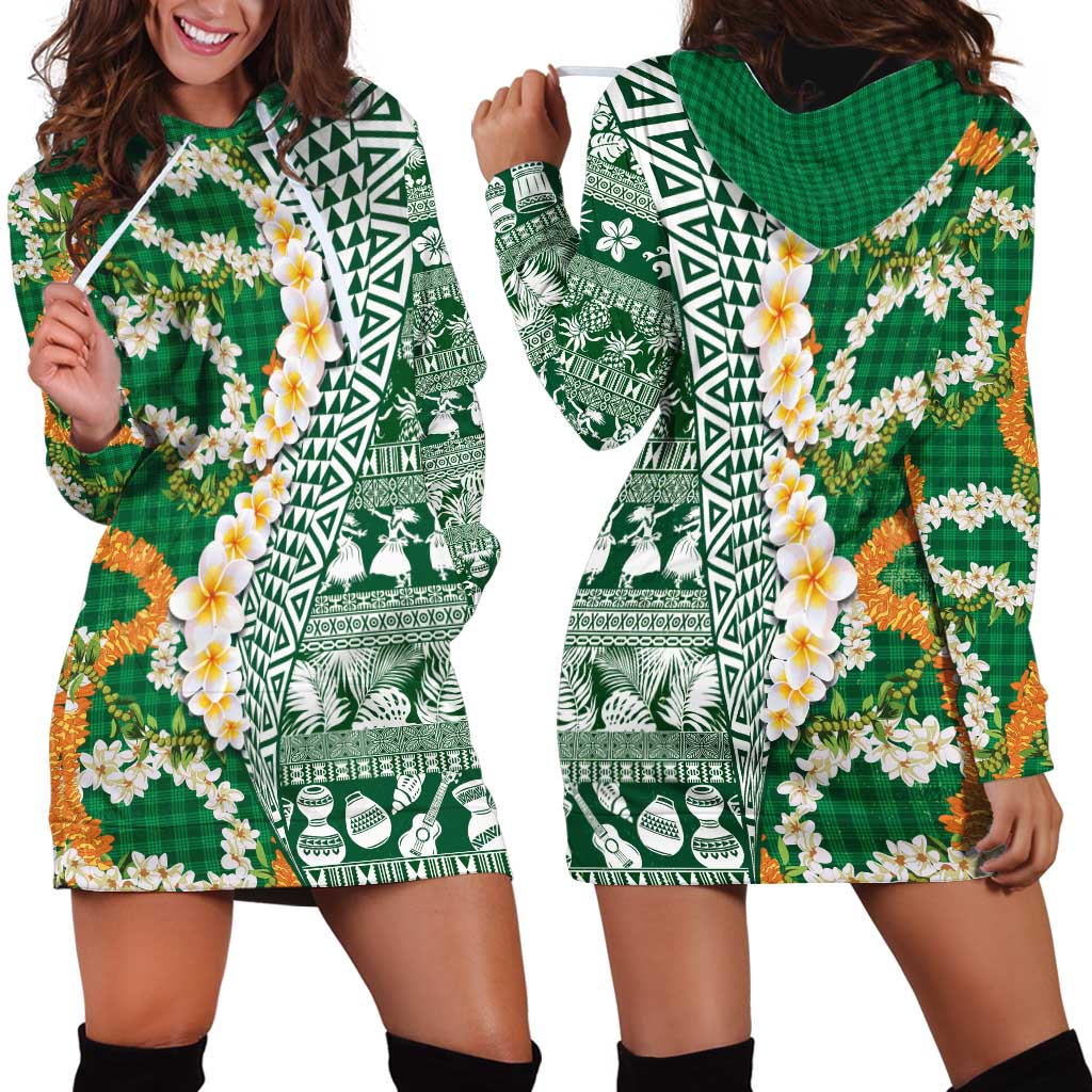 Hawaiian Plumeria Lei Hoodie Dress Kakau Motifs and Palaka Half Style Green Color - Polynesian Pride