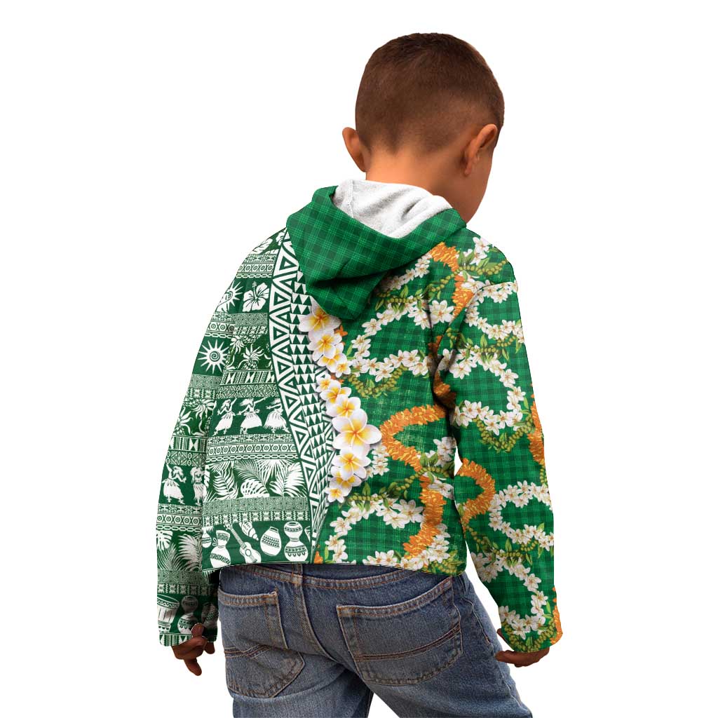 Hawaiian Plumeria Lei Kid Hoodie Kakau Motifs and Palaka Half Style Green Color - Polynesian Pride