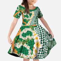 Hawaiian Plumeria Lei Kid Short Sleeve Dress Kakau Motifs and Palaka Half Style Green Color - Polynesian Pride
