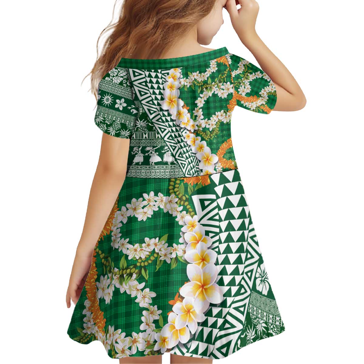Hawaiian Plumeria Lei Kid Short Sleeve Dress Kakau Motifs and Palaka Half Style Green Color - Polynesian Pride