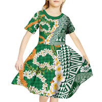 Hawaiian Plumeria Lei Kid Short Sleeve Dress Kakau Motifs and Palaka Half Style Green Color - Polynesian Pride