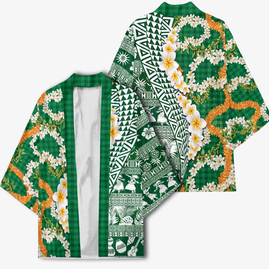 Hawaiian Plumeria Lei Kimono Kakau Motifs and Palaka Half Style Green Color - Polynesian Pride