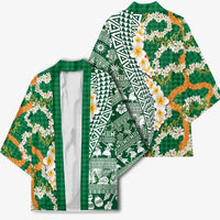 Hawaiian Plumeria Lei Kimono Kakau Motifs and Palaka Half Style Green Color - Polynesian Pride