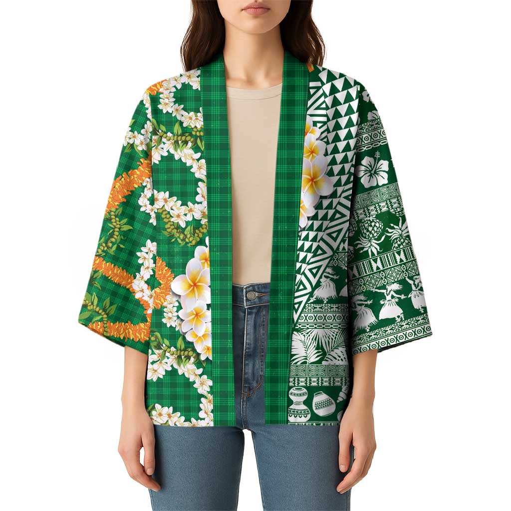Hawaiian Plumeria Lei Kimono Kakau Motifs and Palaka Half Style Green Color - Polynesian Pride