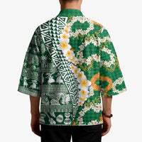 Hawaiian Plumeria Lei Kimono Kakau Motifs and Palaka Half Style Green Color - Polynesian Pride