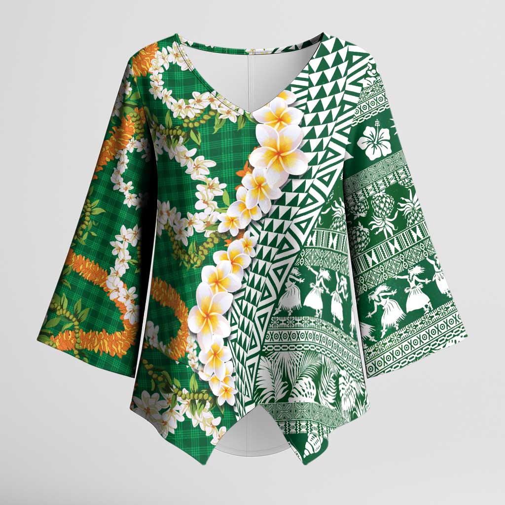 Hawaiian Plumeria Lei Kimono Sleeve Blouse Kakau Motifs and Palaka Half Style Green Color - Polynesian Pride