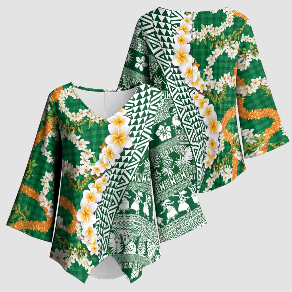 Hawaiian Plumeria Lei Kimono Sleeve Blouse Kakau Motifs and Palaka Half Style Green Color - Polynesian Pride
