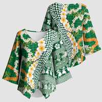 Hawaiian Plumeria Lei Kimono Sleeve Blouse Kakau Motifs and Palaka Half Style Green Color - Polynesian Pride