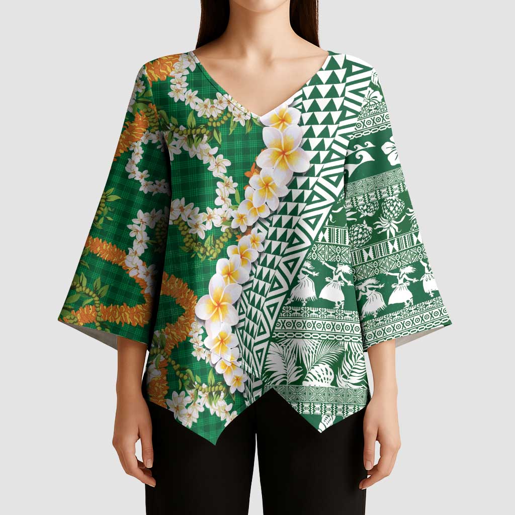 Hawaiian Plumeria Lei Kimono Sleeve Blouse Kakau Motifs and Palaka Half Style Green Color - Polynesian Pride