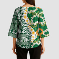 Hawaiian Plumeria Lei Kimono Sleeve Blouse Kakau Motifs and Palaka Half Style Green Color - Polynesian Pride