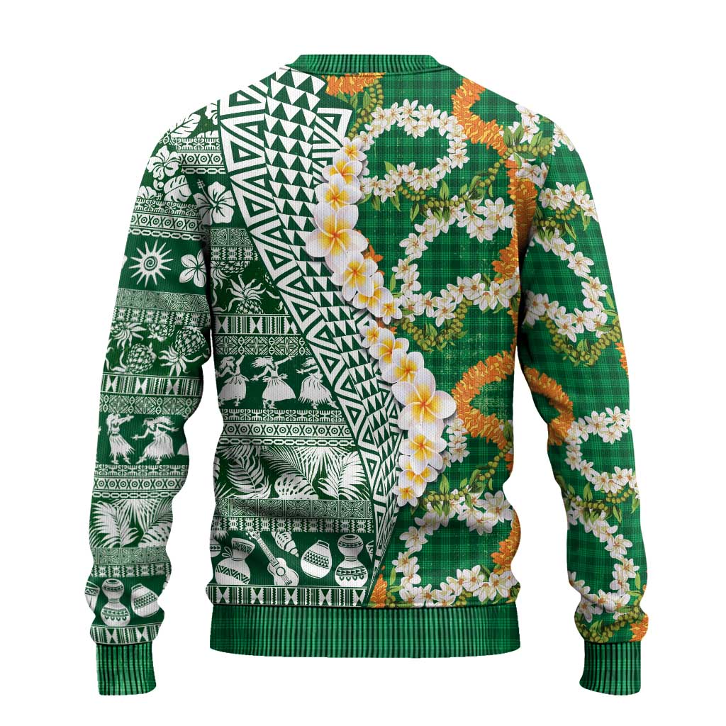 Hawaiian Plumeria Lei Ugly Christmas Sweater Kakau Motifs and Palaka Half Style Green Color - Polynesian Pride