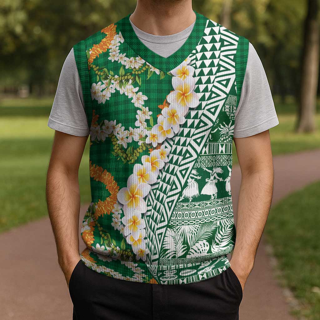 Hawaiian Plumeria Lei Christmas Knitted V-Neck Vest Kakau Motifs and Palaka Half Style Green Color - Polynesian Pride