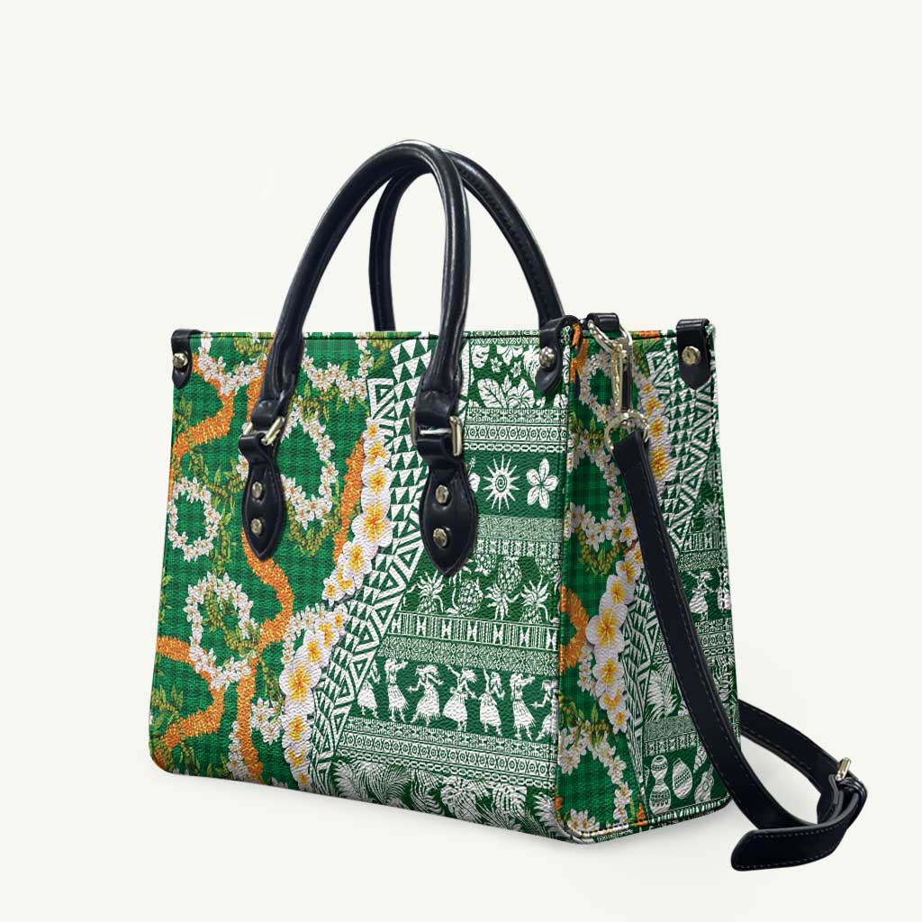 Hawaiian Plumeria Lei Leather Bag Kakau Motifs and Palaka Half Style Green Color - Polynesian Pride