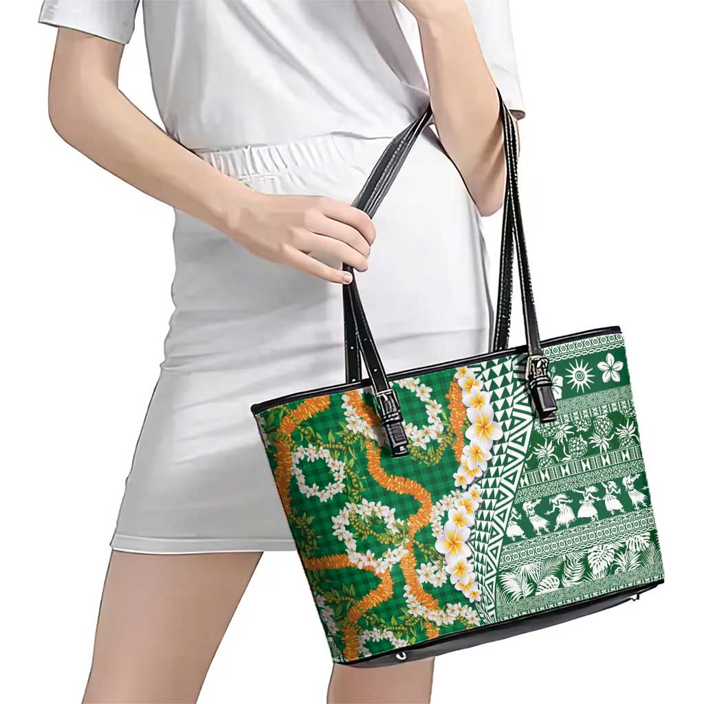 Hawaiian Plumeria Lei Leather Tote Bag Kakau Motifs and Palaka Half Style Green Color - Polynesian Pride