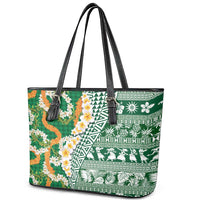 Hawaiian Plumeria Lei Leather Tote Bag Kakau Motifs and Palaka Half Style Green Color - Polynesian Pride