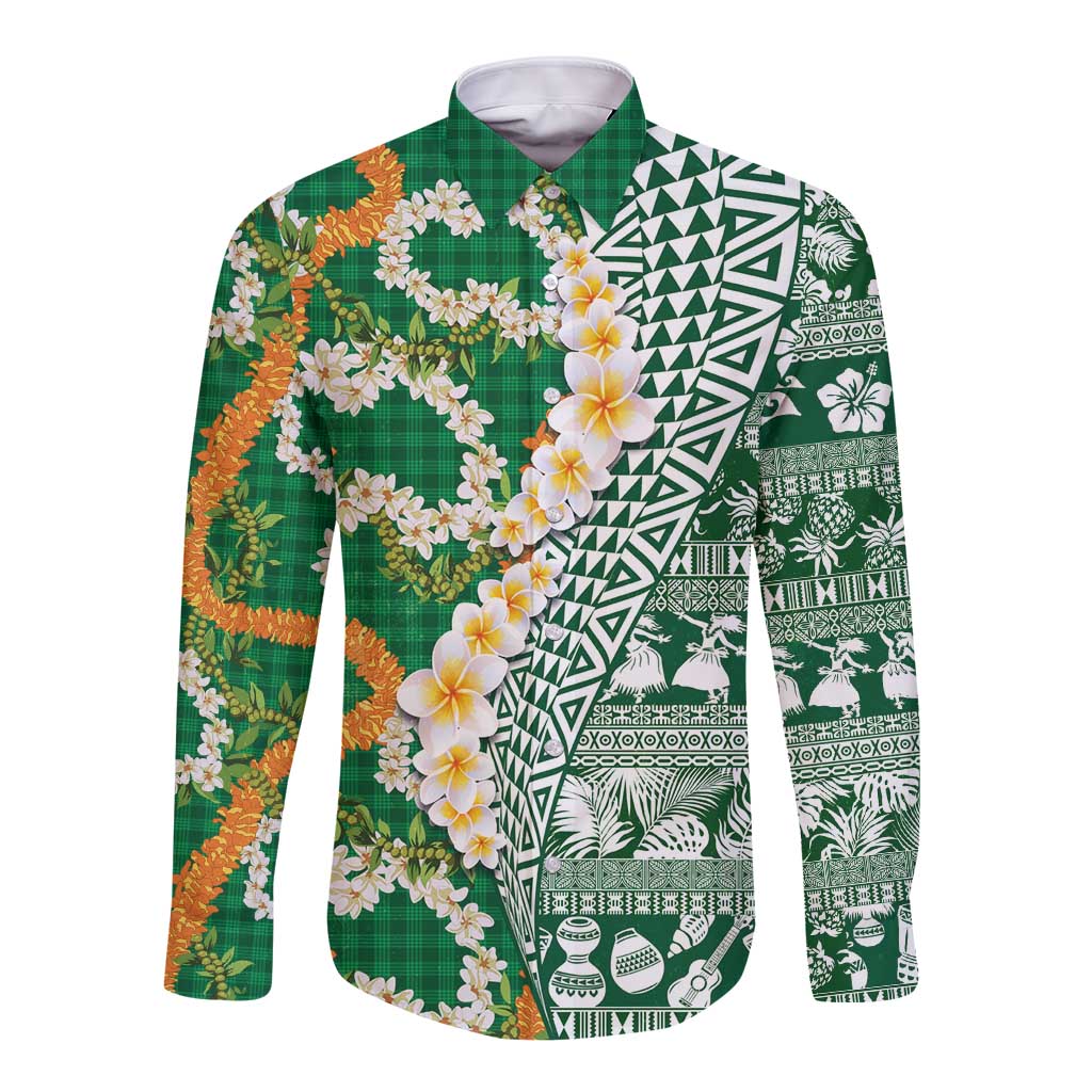 Hawaiian Plumeria Lei Long Sleeve Button Shirt Kakau Motifs and Palaka Half Style Green Color - Polynesian Pride
