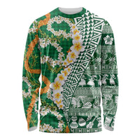 Hawaiian Plumeria Lei Long Sleeve Shirt Kakau Motifs and Palaka Half Style Green Color - Polynesian Pride